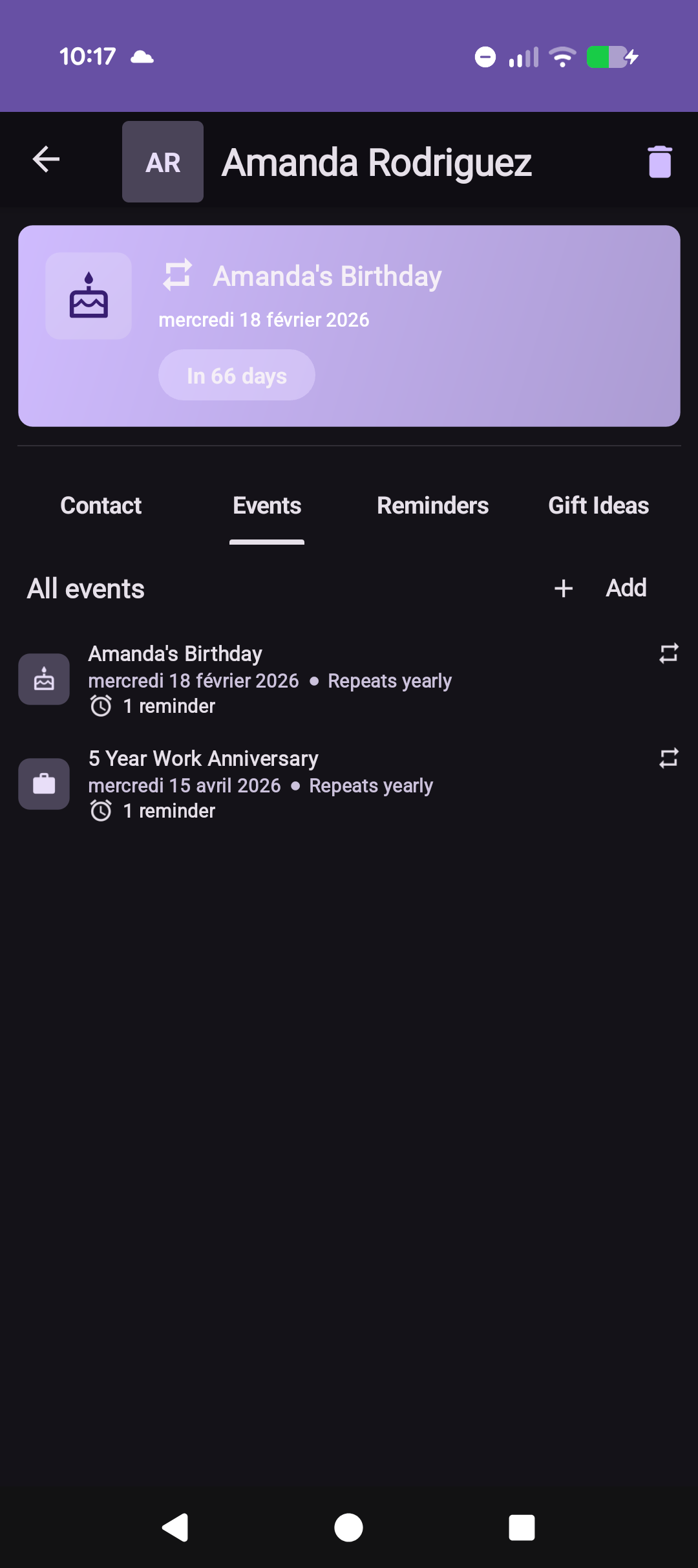 GiftReminder contact details screen with gift ideas and preferences