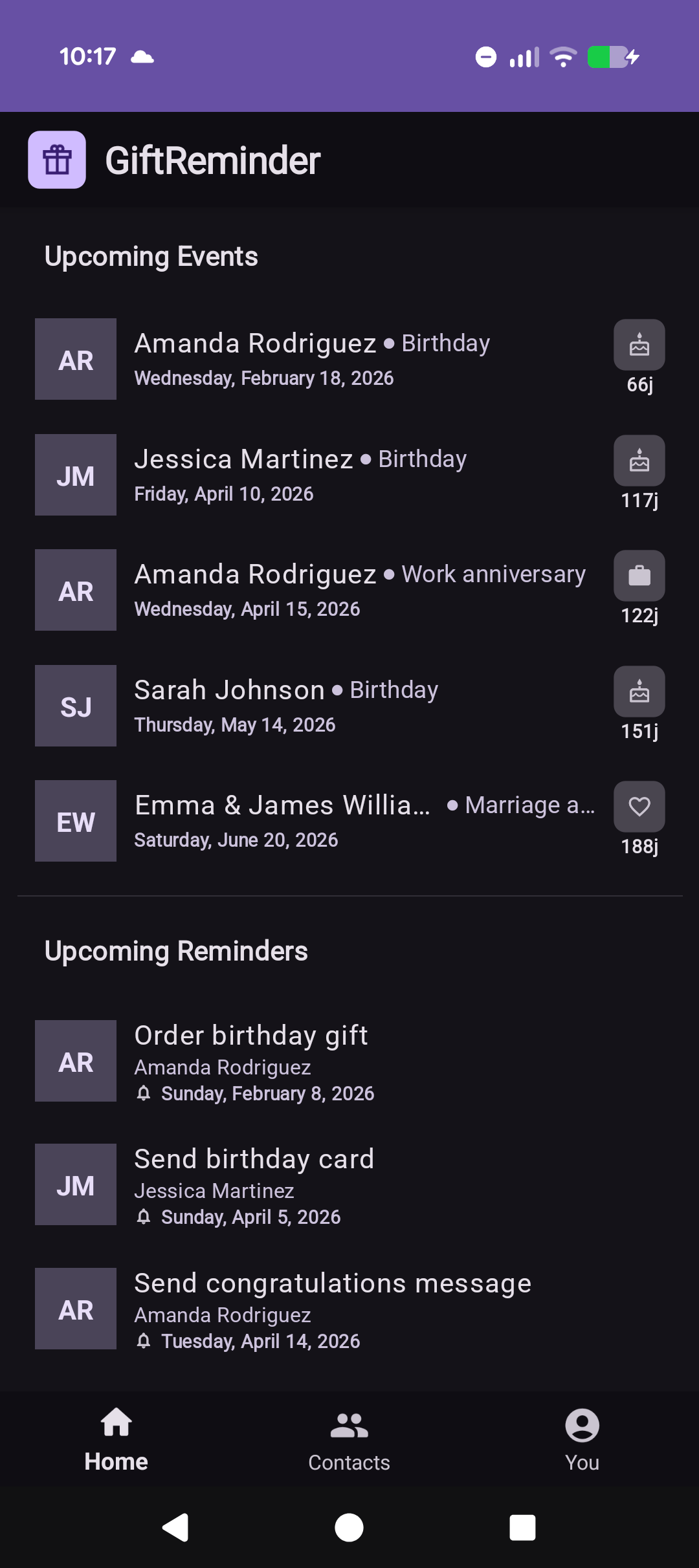GiftReminder app home screen showing gift lists and upcoming events