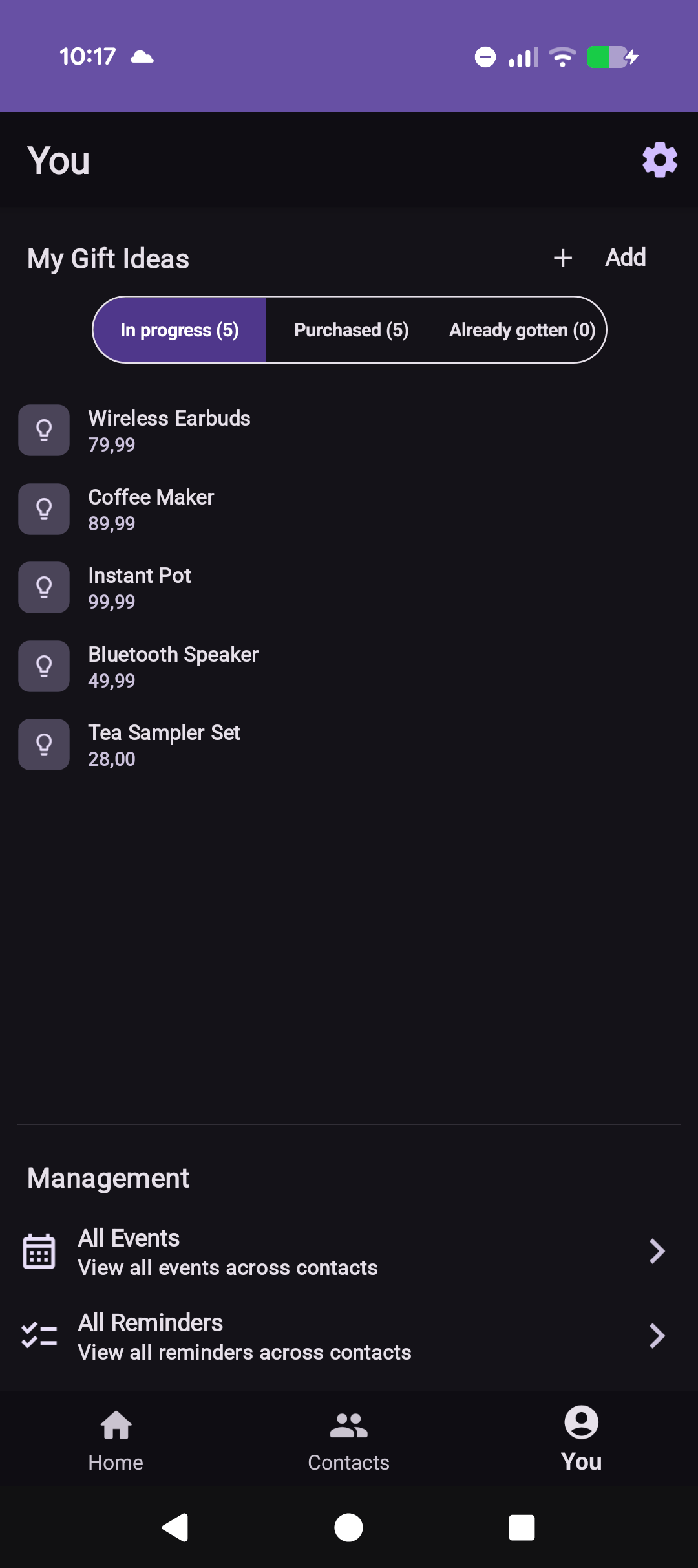 GiftReminder profile and settings screen